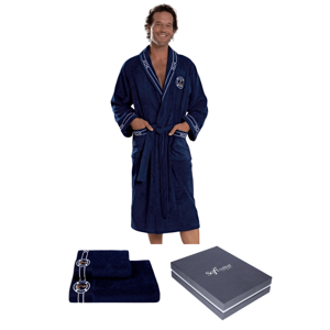 Soft Cotton Luxusní pánský župan MARINE MAN s ručníkem a osuškou v dárkovém balení Tmavě modrá XL + ručník + osuška +  box